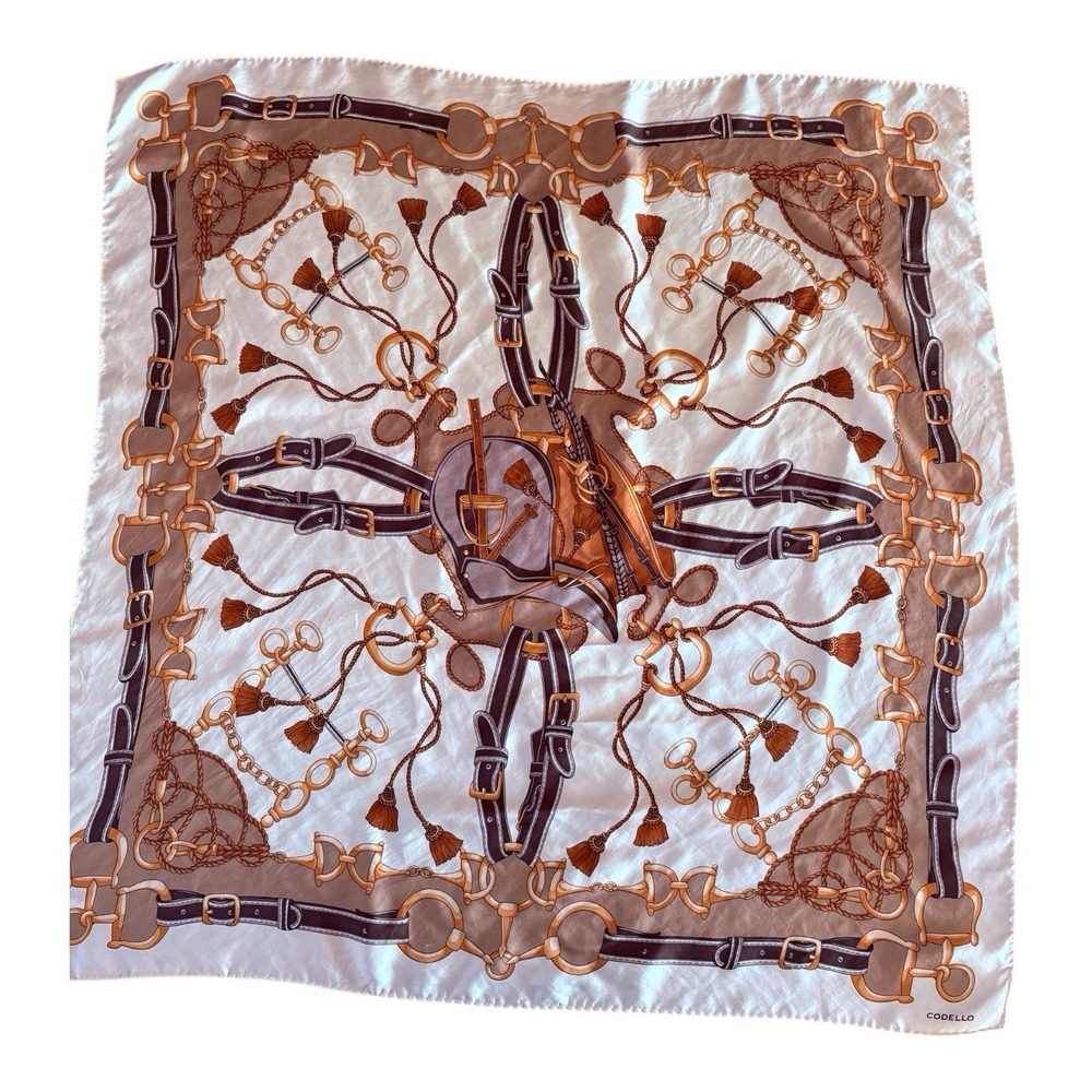 VTG Codello 100% Silk Equestrian Scarf Wrap Brown Gold Stirrup Bridle Handrolled